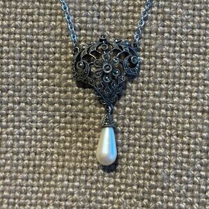 Sterling Silver Marcasite Faux Pearl Necklace